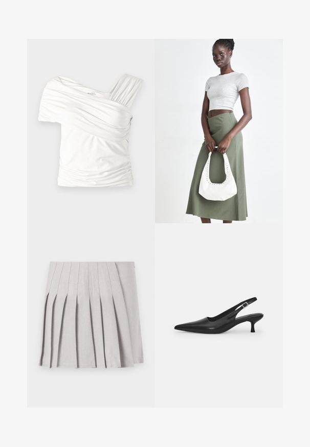 Top bianco a spalle scoperte realizzato in tessuto morbido e stretchy. Presenta una texture arricciata e una larga fascia su un lato. Finitura liscia.; Gonna pieghettata grigia con una texture liscia, caratterizzata da molteplici pieghe verticali e una vita aderente. Realizzata in un tessuto leggero.; Scarpa slingback nera in pelle con punta affusolata e tacco sottile e curvato. Presenta una discreta fascia regolabile con una fibbia in metallo.; Top crop a coste grigio e gonna a vita alta verde oliva. Il modello tiene una borsa a spalla bianca con dettagli intagliati. Design semplice, silhouette aderente.