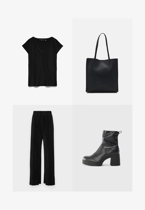 Juodas trumpomis rankovėmis marškinėliai su V formos kaklu, pagaminti iš minkštos medžiagos, pasižymintys laisvu siluetu ir lygia, šiek tiek matinėmis tekstūromis.; Juodi plisuoti kelnės su elastine juosta. Turėkite plačias kojas ir glotnų, tekstūrinį audinį su vertikaliais dryžiais.; Juodos kulkšninių botai, pagaminti iš lygaus odos, su šoniniu užtrauktuku, masyviu tekstūruotu kulnu ir apvaliu pirštu.; Juodas odinis tote krepšys su lygia tekstūra, stačiakampio formos ir dviem ilgais rankenomis. Matomų metalinių detalių ar puošybos nėra.