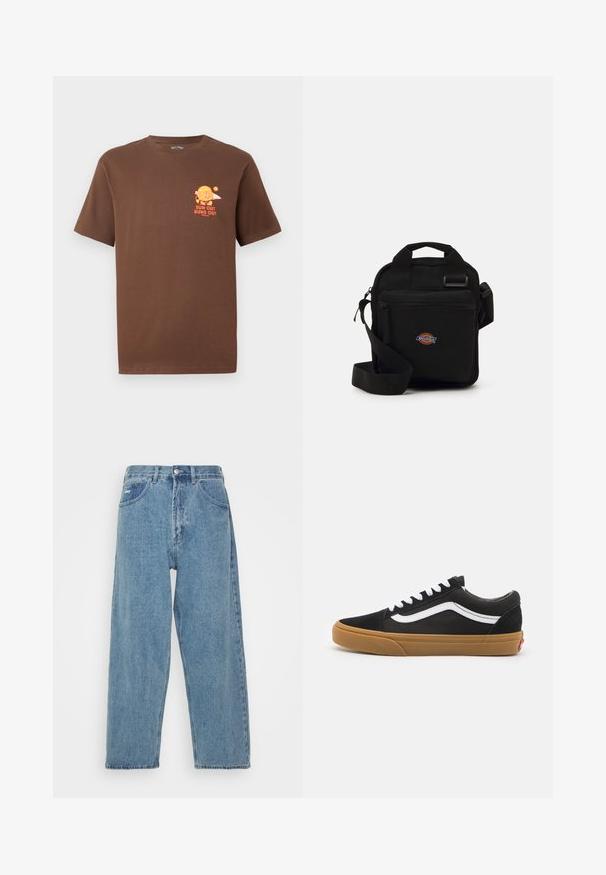 Hnedé tričko s krátkym rukávom a malou oranžovou grafikou burgra, ktorý drží surfboard, a nápisom "SLNKO VON, ROLÁDY VON" na ľavej strane hrude.; Svetlo modré džínsy s vysokým pásom a voľným strihom, s dvoma prednými vreckami, zadným nášivkovým vreckom a zapínaním na gombík.; Čierne semišové tenisky s bielym bočným pruhom, bielymi šnúrkami a gumovou podrážkou. Klasický nízky dizajn s textúrovanými akcentmi a okrúhlou špičkou.; Čierna crossbody taška s našitým zipsovým vreckom, obdĺžnikový tvar, vyrobená z textílie, s logom na prednej strane, nastaviteľný ramenný popruh.