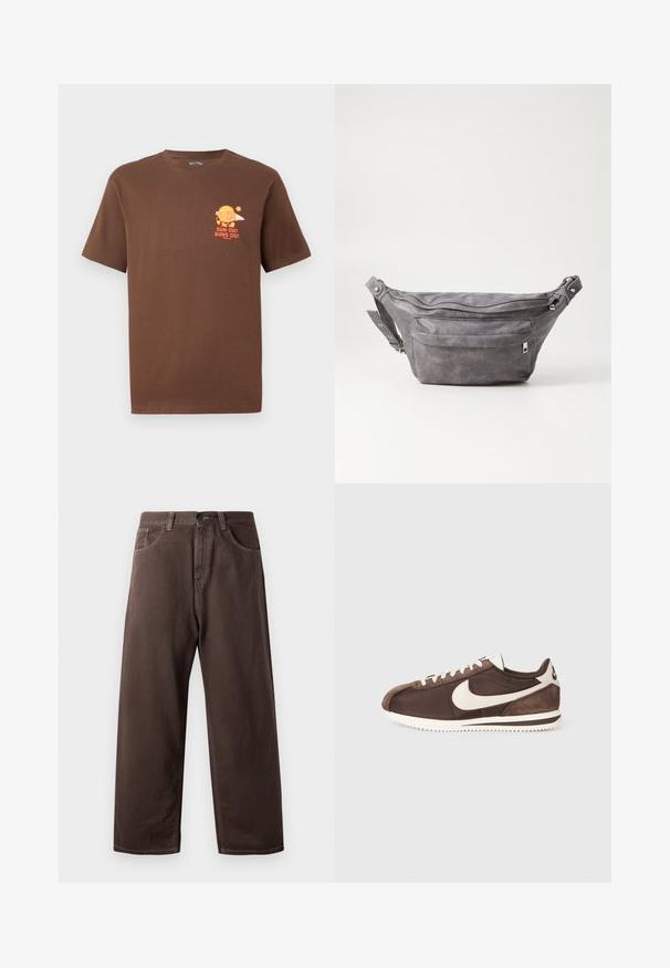 Pruna lühikeste varrukatega T-särk, millel on väike oranž graafika hamburgerist, kes hoiab surfilauda, ja tekst "PÄIKE ON VÄLJAS, VÕI ON MU KÄED VÄLJAS" vasakul rinnaosas.; Pruunid laia säärega püksid, mis on valmistatud puuvillast, klassikalise viie tasku kujundusega, lukuga ja nähtavate õmbluse detailidega.; Pruunid spordijalatsid, mis on valmistatud segu suedes ja kanvasest, valge Nike swoosh logo ning tekstuurse kummist tallaga.; Hallikate nahast vöö kott, millel on ümar kuju, kaks tõmblukuga taskut ning reguleeritav rihm. Varustatud metallist detailide aktsentidega.
