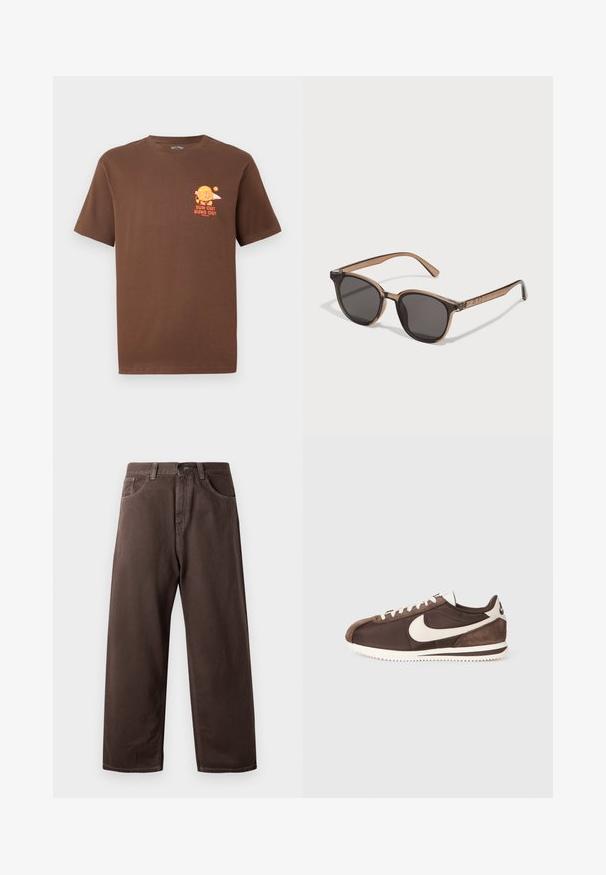 Camiseta marrón de manga corta con un pequeño gráfico naranja de una hamburguesa sosteniendo una tabla de surf y el texto "SOLEADO, HAMBURGUESAS FUERA" en el pecho izquierdo.; Pantalones de pierna ancha marrones hechos de algodón, con un clásico diseño de cinco bolsillos, cremallera y detalles de costura visibles.; Zapatilla marrón que combina materiales de ante y lona, con un logo de swoosh blanco de Nike y una suela de goma texturizada.; Gafas de sol de plástico marrón con lentes oscuros, forma redondeada y patillas estrechas. Adorno notable en las varillas.