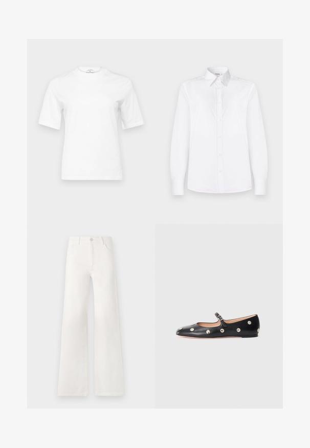Hvid bomulds T-shirt med rund halsudskæring og korte ærmer. Har en lige pasform og minimalistisk design. Ingen mønstre eller accenter.; Hvid langærmet skjorte lavet af glat stof, med krave og en knaplukning foran med lyserøde knapper.; Hvide, højtaljede bukser med bred ben lavet af denim. Har en knaplukning, to forlommer og sidesømme med syningsdetaljer.; Sorte læder Mary Jane flad sko med en rund tå, udstyret med sølvfarvede runde nitter og en justerbar rem med spænde.