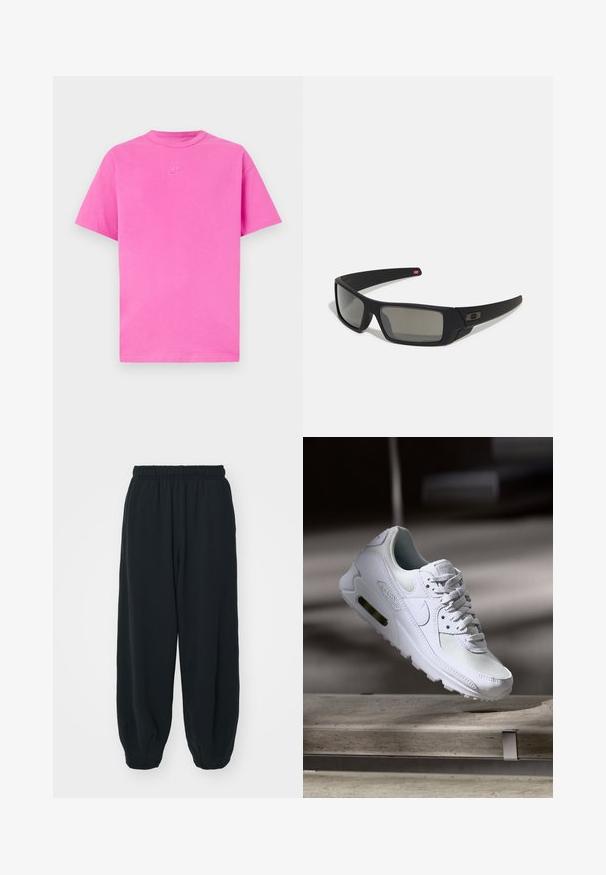 T-shirt rosa de mangas curtas feito de algodão, com um decote redondo e um pequeno logótipo branco da Nike bordado no peito.; Calças de fato de treino pretas, com cintura elástica e um corte solto, com punhos nas pernas, textura suave e sem padrões visíveis ou detalhes de metal.; Sapatilha Nike Air Max 90 branca com parte superior em malha e couro, caixa de dedos perfurada e uma unidade de ar visível no calcanhar.; Óculos de sol pretos com acabamento mate, lentes retangulares, leve curvatura nas hastes, detalhe sutil do logo e lentes de cor fumada.