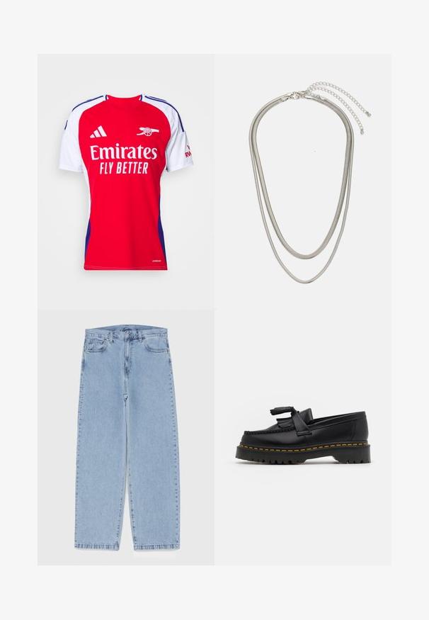 Red and white athletic shirt with short sleeves, featuring a round neck, blue accents, and the "Emirates Fly Better" logo across the front.; Light blue denim jeans with straight leg design, featuring a mid-rise waist, five pockets, and a button and zipper closure.; Black leather loafer with a tasseled accent, featuring a chunky black sole and yellow stitching along the edge. Textured finish.; Three-layered silver metal necklace featuring sleek, flexible chains with a slight sheen, secured with a lobster clasp and adjustable chain.