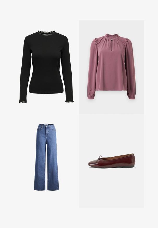 Crna majica dugih rukava od rebrastog materijala, s volanima od čipke na vratnom izrezu i manžetama. Jednostavan dizajn s okruglim izrezom.; Bluzica dugih rukava u mauve boji s naboranim ovratnikom, izrezom u obliku ključa s kopčanjem na dugme i blago napuhanim ramenima.; Svijetloplavi traper široki traperice s visokim strukom, dva prednja džepa i vidljivim šavovima. Imaju kopčanje na gumb i patentni zatvarač.; Burgundska lakirana balerinka s zaobljenim vrhom, malim mašnom sprijeda i niskom, crnom gumenom potplatu. Glatka tekstura.