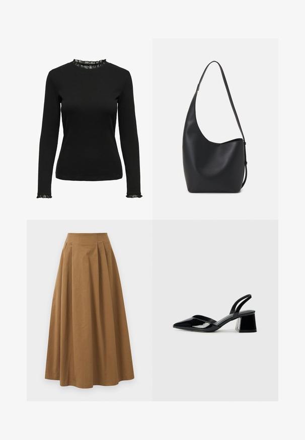 Fekete, hosszú ujjú, bordás anyagból készült felső, fodros csipke részlettel a nyakkivágásnál és az ujjak végén. Egyszerű, kerek nyakú dizájn.; Barna pamut A-vonalú szoknya magas derékkal, elöl pliszézett és sima textúrával. Az alsó szegélyek letisztultak és egyszerűek.; Fekete lakk bőr szandálkés magas sarkú cipő, hegyes orral és geometrikus tömbsarkakkal. Karcsú, minimalista dizájn és sima textúra jellemzi.; Fekete bőr hobo táska sima textúrával, ívelt formával és egyetlen állítható pánttal; széles nyílás található a tetején.
