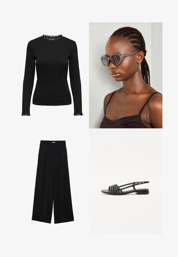 Juodas ilgų rankovių marškinėlis, pagamintas iš įrampuoto audinio, su raukiniais apykaklėje ir rankogaliuose. Paprasto apvalaus kaklo dizainas.; Juoda plačių kojų kelnės, pagamintos iš tekstūruoto audinio, su elastingu juosmeniu ir atsegamu diržu juosmenyje, leidžiančiu reguliuoti dydį.; Juodos plokščios šlepetės su juostelėmis, turinčios kelias odines juostas ir ploną kulkšnies sagtį. Padas plokščias ir stačiakampis.; Pilki per dideli akiniai suapvalinta forma ir tamsiais lęšiais. Išskirtinės plastikinės rėmo formos glotnus paviršius. Modelis turi nertas plaukus.