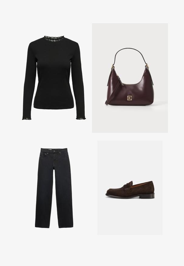 Tricou negru cu mâneci lungi, realizat din material cu pliuri, având un detaliu din dantelă volanat la decolteu și la manșete. Design simplu cu guler rotund.; Jeans negre cu croi larg, fabricate din denim, având cinci buzunare, închidere cu nasture, cusături subtile și un tăiat drept de la talie până la poale.; Loafers din suede maro cu vârf rotund, detalii cusute și un mic accent decorativ pe curea. Design cu toc plat.; Geantă de mână din piele burgundă, cu o formă curbată, accente aurii pe feronerie și închidere cu fermoar. Dispune de o curea de umăr detașabilă.