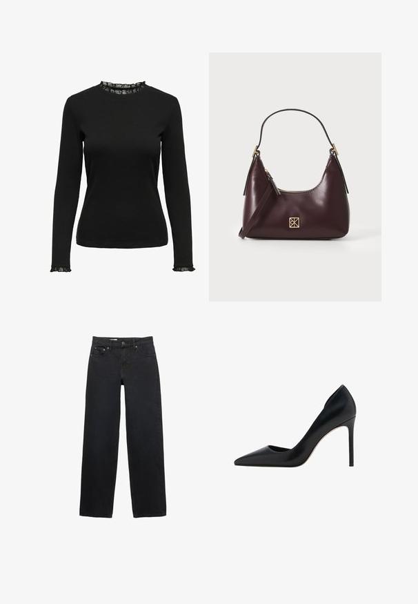 Čierny dlhý rukáv top vyrobený z ryhovanej látky, s volánovým čipkovým detailom na výstrihu a manžetách. Jednoduchý dizajn okrúhleho výstrihu.; Čierne široké džínsy vyrobené z denimového materiálu, s piatimi vreckami, zatvorením na gombík, jemným prešívaním a rovnom strihom od pásu po lem.; Mango Obuv na vysokom opätku - black; Bordový kožený kabelka s zakriveným tvarom, zlaté akcenty na hardvéri a zipsovým uzáverom. Obsahuje odnímateľný ramenný popruh.