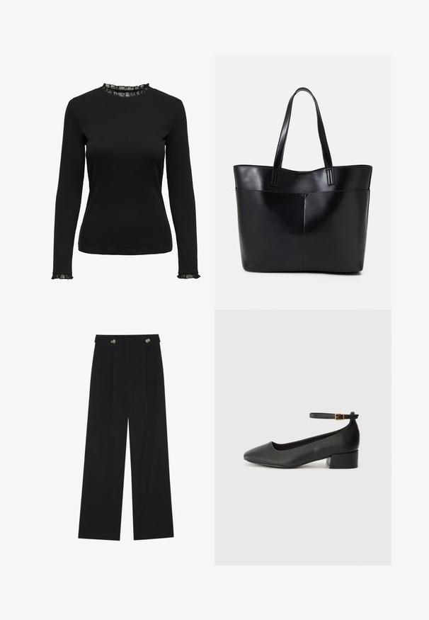 Schwarzes Langarmoberteil aus geripptem Stoff, mit einem geschlossenen Spitzenbesatz am Ausschnitt und an den Ärmeln. Einfaches Rundhalsdesign.; Schwarze weite Hosen mit hoher Taille, Knopfdetails am Bund und vorderen Falten.; Schwarze Lederpumps mit spitzem Zehenbereich und niedrigem Blockabsatz. Mit einem Knöchelriemen und einer goldfarbenen Schnalle. Glatte Textur.; Schwarze Leder-Shopper-Tasche mit zwei langen Griffen, einer glatten Textur und einer strukturierten Form. Verfügt über eine Vordertasche für zusätzlichen Stauraum.