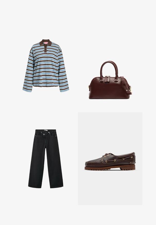 Gestreepte langemouwen polo shirt in lichtblauw en bruin. Heeft een bruine kraag, een drieknopenpad en een relaxte pasvorm. Gemaakt van katoen.; Hoge taille zwarte denim jeans met een wijde pijp, vijf zakken en zilveren metalen hardware aan de voorkant voor sluiting.; Bruine leren bootsschoen met gouden oogjes, ronde veters en een gestructureerde bruine rubberen zool. Kenmerkt zich door gestikte details en een verhoogd logo.; Bordeaux leren handtas met dubbele bovenhandvaten, afneembare schouderriem, gouden hardware accenten en een ronde vorm. Ritssluiting.