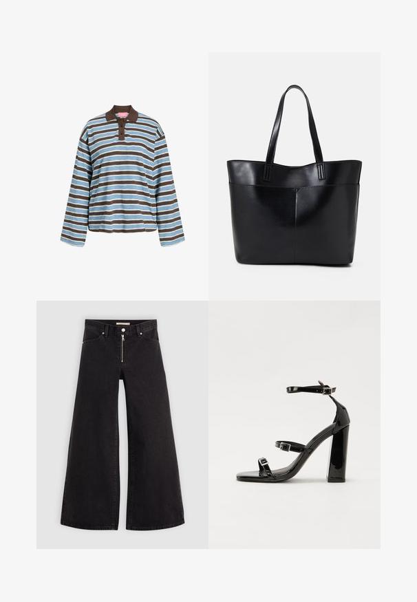 Raidallinen pitkähihaisten polo-paita vaaleansinisessä ja ruskeassa. Siinä on ruskea kaulus, kolmesta napista koostuva napitus ja rento leikkaus. Puuvillamateriaali.; Mustat leveälahkeiset farkut, joissa on vetoketjufrunti, viisi-taskuinen muotoilu ja hienovaraiset ompelusyyt. Sileä pinta ja rento tyyli.; Musta kiiltävä korkokenkä sandaalit neliönmuotoisella varpaalla, nilkkaremmillä ja hopeisilla soljilla. Varustettu tukevalla lohkokorkealla vakauden takaamiseksi.; Musta nahkainen kassi, jossa on kaksi pitkää kahvaa, sileä pinta ja jämäkkä muoto. Sisältää etutaskun lisävarastointia varten.