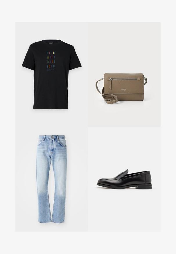 Must musta t-särk, millel on vertikaalne disain erksatest triipudest ja allosas "PS Paul Smith" tekst. Tavaline ümmargune kaelus.; Heled sinine teksapüksid sirge lõikega. Omab viit taskut, nööpide kinnitust ja pleekinud tekstuuri allosas.; Mustad mustad nahast loafers sileda tekstuuriga, ümarat ninaosa ja dekoratiivne riba vampi üle. Madal kihiline konts, minimalistlik disain.; Kohvase naha ületõmmatav kott, millel on lukuga esikott, reguleeritav rihm, kivitextuur ja esiküljel embosseeritud logo.