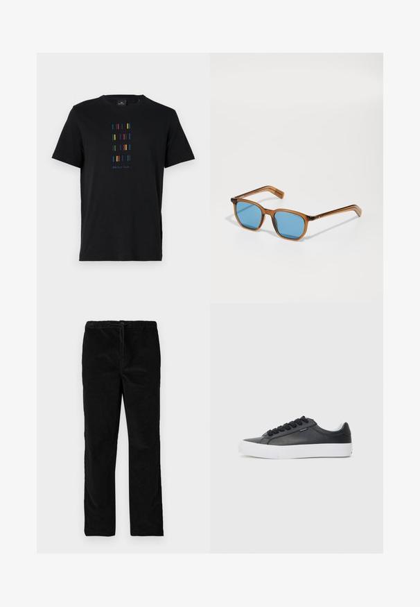 Black cotton t-shirt featuring a vertical design of colorful stripes and "PS Paul Smith" text at the bottom. Standard crew neck.; Black straight-leg velvet pants with elastic waistband and front drawstring, displayed against a plain white background.; Black leather sneaker with white rubber sole, round toe, and black laces, featuring a smooth texture and minimalistic design.; Brown plastic-frame sunglasses with blue lenses, square shape, thin arms, textured accents on the temples, and a polished finish.