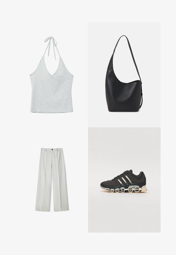 Stradivarius - Top; Jasnoszare spodnie o szerokich nogawkach, wykonane z teksturowanej tkaniny, z zapięciem na guzik i dwoma fałdami z przodu dla dodatkowego efektu.; Czarne sportowe buty z teksturowaną cholewką, trzema srebrnymi paskami i charakterystyczną podeszwą z amortyzacją, składającą się z wielu zintegrowanych sekcji.; Czarna skórzana torba hobo o gładkiej fakturze, zaokrąglonym kształcie i pojedynczym, regulowanym pasku; posiada szerokie otwarcie na górze.