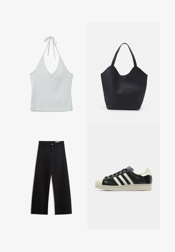 Stradivarius TIED HALTER - Top - grey; Pantaloni in denim neri a gamba larga con vita alta, dotati di tasche anteriori e posteriori, cuciture a punto, e chiusura con bottone. Texture liscia.; Sneaker in pelle nera con strisce bianche, punta in gomma, lacci neri e suola di colore crema. Texture liscia con finitura brillante.; Borsa tote nera realizzata in pelle liscia, con una parte superiore curva e aperta, dotata di due manici per spalla e un design minimalista.