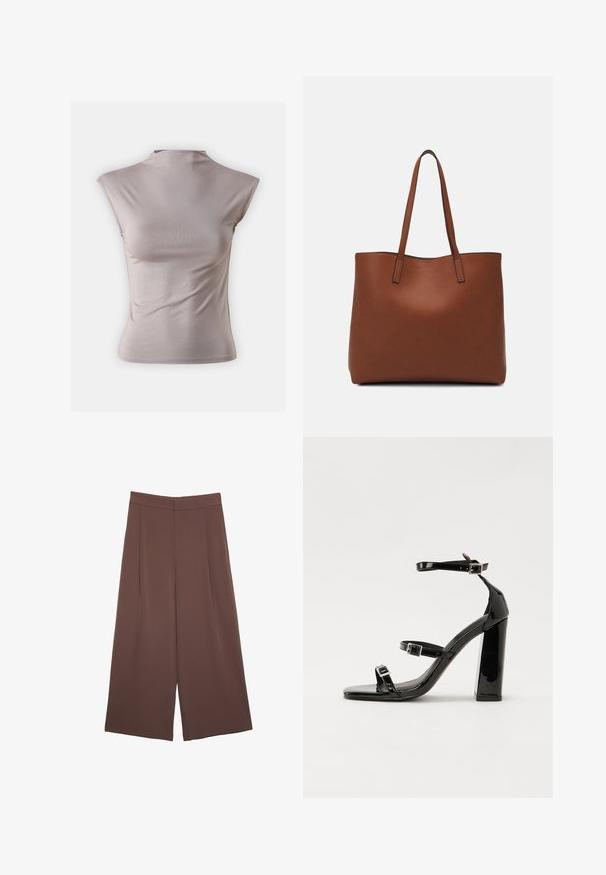 Ljusrosa ärmlös topp gjord av mjukt, elastiskt tyg, med en hög mock neck och en slät, åtsittande silhuett.; Bruna vida byxor med en slät textur, som har hög midja och framfickor. Tyget är lätt och flödar löst.; Svarta lackerade klacksandaler med fyrkantig tå, ankelremmar och silverfärgade spännen. Har en kraftig blockklack för stabilitet.; Brun läder tote-väska med en slät textur, öppen toppdesign och två axelremmar. Har minimal söm och ingen synlig metalldetalj.