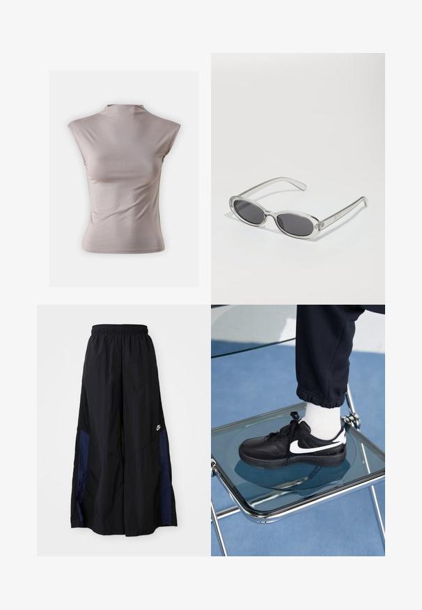 Top de culoare roz deschis, fără mâneci, realizat dintr-un material moale și elastic, având un guler înalt de tip mock și o siluetă netedă, ajustată.; Pantaloni negri cu croi larg, confecționați dintr-un material ușor, având un panou lateral albastru marin și un brâu elastic. Logo mic alb în partea de jos.; Adidași negri Nike cu accente albe, cu o textură de piele netedă, design cu șireturi și vârf rotunjit, așezați pe un scaun din sticlă.; Ochelari de soare cu formă ovală, ramă din plastic transparent, lentile gri închis și brațe subțiri transparente cu accente de logo și detalii minime.