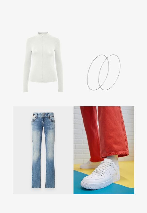 Gari garām piedurknēm augšējā daļa gaismā pelēkā ribotā audumā, ar augstu apkakli un priekšējo rāvējslēdzēju. Slim fit dizains ar teksturētu apdari.; Gai zila džinsu bikses ar taisnu kāju dizainu, kas aprīkotas ar piecu pogu aizdari, priekšējiem kabatām un vieglām nodiluma detaļām.; Baltās ādas kedas ar perforētu purngalu, teksturētu zoli un baltām auklām, apvienotas ar platām sarkanām biksēm un zilu un dzeltenu fona.; Sudraba gredzenveida auskari ar minimālistisku dizainu. Cirkulāra forma, gluda tekstūra un plāns profils. Vieglu svaru ar spīdīgu apdari.