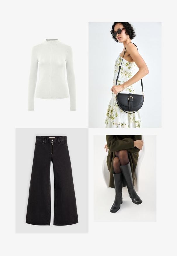 Langermet topp i lys grå ribbet stoff, med høy krage og glidelås foran. Slim-fit design med teksturert detaljering.; Vide benbukser i sort denim med glidelås i front, fem-lomme design og subtile sømdetaljer. Glatt tekstur og avslappet stil.; Knæhøye sorte lærstøvler med firkantet tå og blokkhelt, vist med en modell som sitter iført en olivengrønn kåpe. Glatt tekstur, minimal detaljering.; Svart lærveske med en buet form, avtagbar stropp og gullbeslag. Vesken har et klaff med spenne-detall.