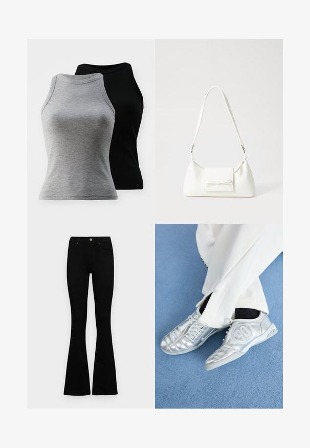 Two sleeveless ribbed tank tops in gray and black. They feature a rounded neckline and fitted silhouette, made from a soft cotton blend.; Black high-waist jeans with a button and zip closure, front pockets, and flared legs laid flat on a white background.; Silver athletic shoes with a smooth, shiny finish, featuring a stitched design and the number 90 on the side, paired with white pants.; White synthetic handbag with a triangular shape, flat front flap and bow detail, adjustable strap, smooth texture, and minimalistic design.
