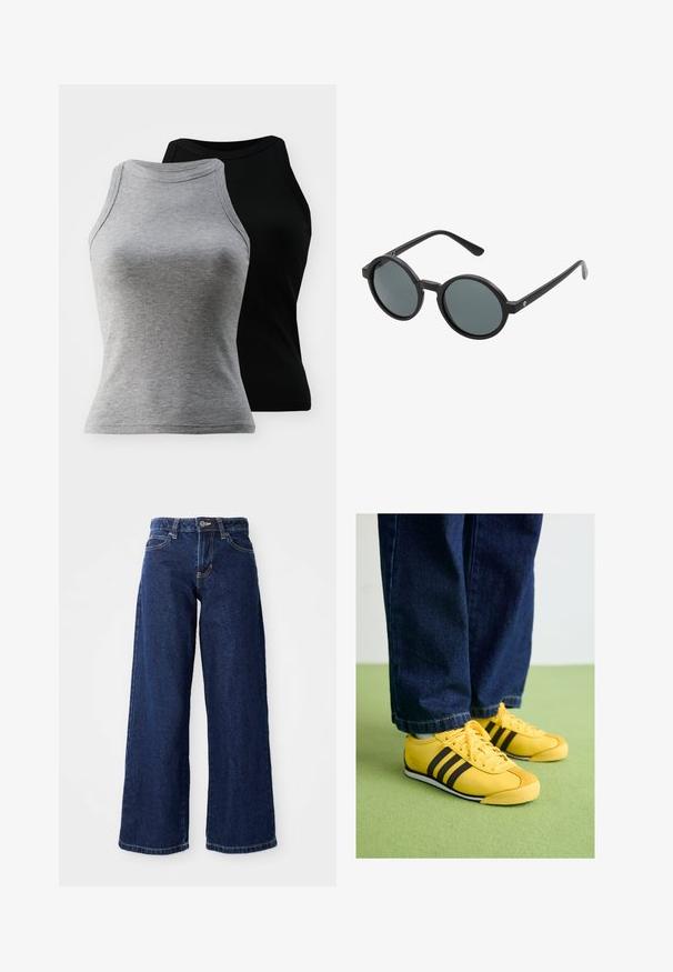 Two sleeveless ribbed tank tops in gray and black. They feature a rounded neckline and fitted silhouette, made from a soft cotton blend.; Dark blue wide-leg jeans made from denim, featuring a button and zipper closure, belt loops, and classic five-pocket design.; Yellow leather sneakers with black stripes, a textured toe cap, and white sole, paired with dark denim jeans, on a green surface.; Round sunglasses with a black plastic frame and dark gray lenses. Features thin, straight arms with minimalist accents.