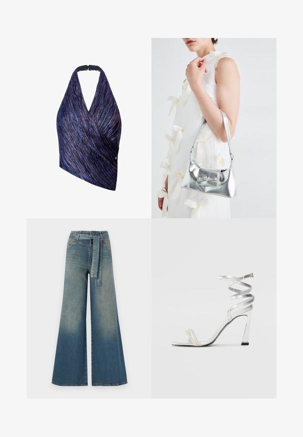 Pārklājuma stila tops no tekstūrētas auduma ar purpura un zilu svītru rakstu. Haltera kakla dizains ar melnu aizdari, viena sānu mala akcentēta ar pogu detaļu.; Platām kājām džinsu bikses ar gaismas līdz tumši zilam gradientam, augstu jostas līniju, jostas cilpām un atbilstošu auduma jostu. Tekstūrēts džinsas apdare.; Sudrabaini augstpapēžu sūna ar spīdīgu siksnu dizainu, kurā ir pērlēm līdzīgs akcents un spirālveida potītes siksna drošai pieguvei.; Sudraba metāla rokassoma ar struktūru formu, aprīkota ar augšējo rokturi un priekšpusē esošu loku. Gluda tekstūra, atstarojoša virsma.