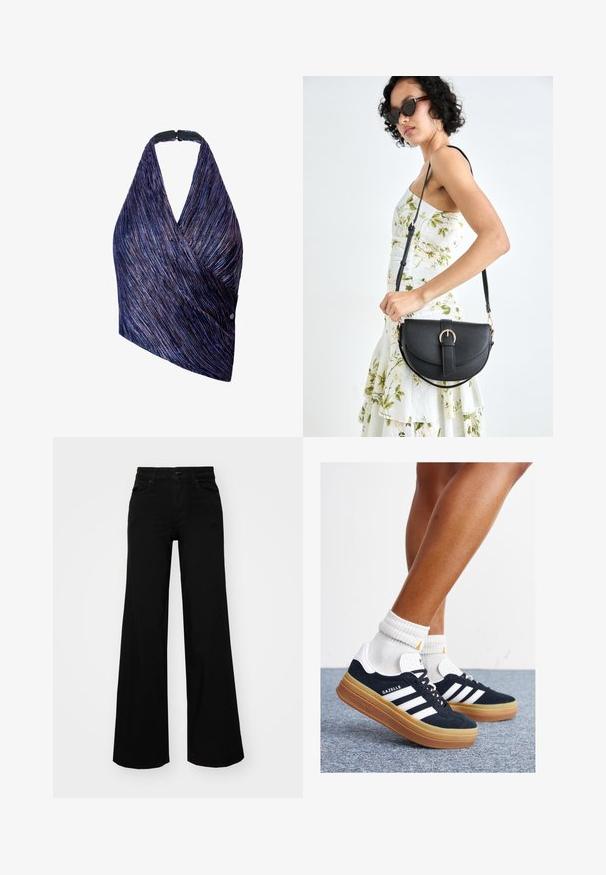 Koonusekujuline tops tekstuurse kangaga, millel on lilla ja sinised triibud. Rinnavarre kapsel musta kinnitusega, ühe külje aktsent on nupu detail.; Mustad mustad püksid, mis on valmistatud denimist, struktuurse vöökohtade, vöökootidega ja esikottidega. Sile tekstuur klassikalise disainiga.; Mustad seemisnahast tossud valgete triipude ja detailidega, ümarate varbassosadega, kummist välistallaga, paaritatud valgete soonikuliste meessokkidega.; Mustmust mustraha kõverate joontega, eemaldatava rihmaga ja kuldsete detailidega. Kotil on klapp, millel on pandladetail.