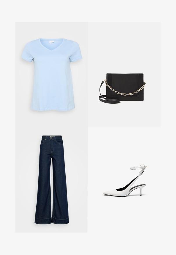 Tricou scurt cu mâneci, de culoare albastră deschisă, cu decolteu în V, dintr-un material de bumbac moale, cu un croi lejer și tiv drept. Fără modele sau detalii suplimentare.; Jeans cu talie înaltă, albastre închise, cu picioare largi, cu buzunare frontală, bați pentru curea, închidere cu nasture și cusături vizibile, pe un fundal alb.; Pantofi cu toc slingback albi, cu vârful ascuțit și curea subțire la glezna. Material din piele netedă, toc subțire stil stiletto și căptușeală interioară neagră.; Geantă de umăr din piele neagră, cu o textură netedă, formă rectangulară și un detaliu din lanț metalic în față. Include curea reglabilă.