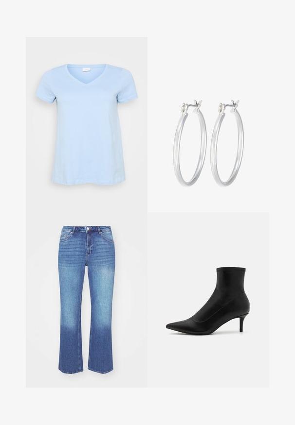 Gaiši zils īsām piedurknēm T-krekls ar V veida kakla izgriezumu, mīksta kokvilnas auduma, brīvi pieguļošs un taisns apakšmalas dizains. Nav rakstu vai papildu detaļu.; Džinsi ar gaismas līdz vidēji zilu gradientu. Iespējas ar taisnu kāju griezumu, piecām kabatām un izšūtiem akcentiem gar šuvēm.; Melnas potītes zābaki, kas izgatavoti no gludas ādas ar norādītu pirkstu un īsu, plānu papēdi. Iezīmējas bez šuvju dizains un smalkas šuvju akcenti.; Sudraba riņķveida auss gredzeni ar gludu, pulētu apdari. Apaļa forma un drošs klikšķa augšējais slēgums. Viegls dizains, kas piemērots ikdienas valkāšanai.