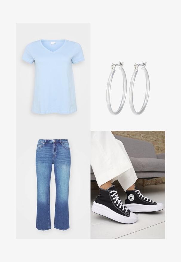 Šviesiai mėlynas trumpomis rankovėmis marškinėliai su V formos iškirpte, pagaminti iš švelnios medvilnės, laisvas kirpimas ir tiesus apdaila. Be raštų ar papildomų detalių.; Džinsai, turintys šviesiai mėlyną iki vidutinio mėlynumo gradientą. Sukurti tiesios kojos kirpimui, su penkiomis kišenėmis ir siuvinėjimu palei siūles.; Juodi aukštakulniai sportbačiai su baltais guminiu padu ir raišteliais. Ant jų yra apvalus logotipo lopas ir kontrastingos baltos siūlės. Pagaminti iš drobės medžiagos.; Sidabriniai auskarai su sklandžiu, poliruotu paviršiumi. Apvalios formos ir saugus uždarymo mechanizmas. Lengvas dizainas, tinkantis kasdieniam dėvėjimui.
