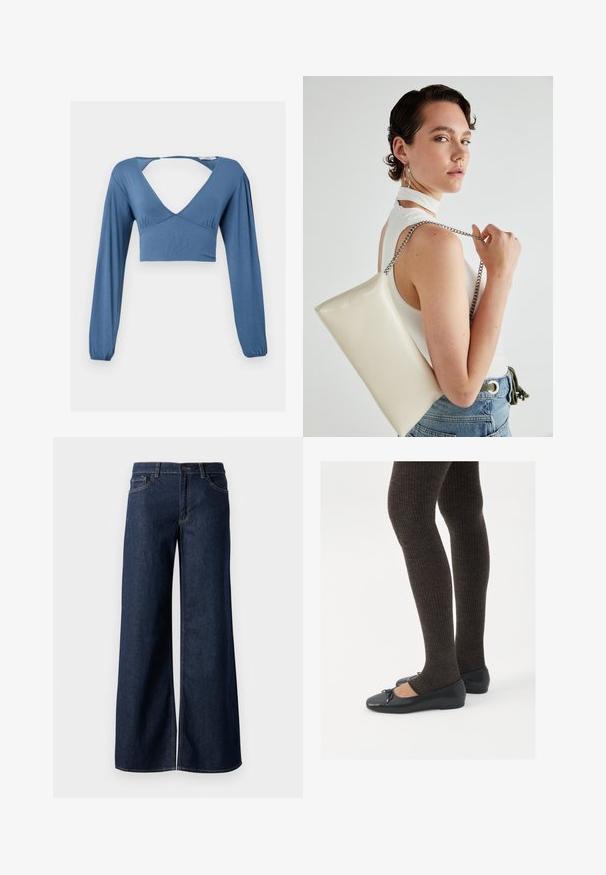 Blue long-sleeve crop top with a deep V-neckline, gathered details at the bust, and slightly puffed sleeves. Smooth, stretchy fabric.; Wide-leg jeans in dark blue denim. Features contrast stitching, five pockets, and a button closure at the waist. Smooth texture.; Black flat shoes with a small bow detail at the toe, paired with dark brown ribbed tights. Shoes have a smooth texture and low profile.; White rectangular clutch bag made of glossy material, featuring a silver chain strap. Model poses, showcasing the bag against a plain background.