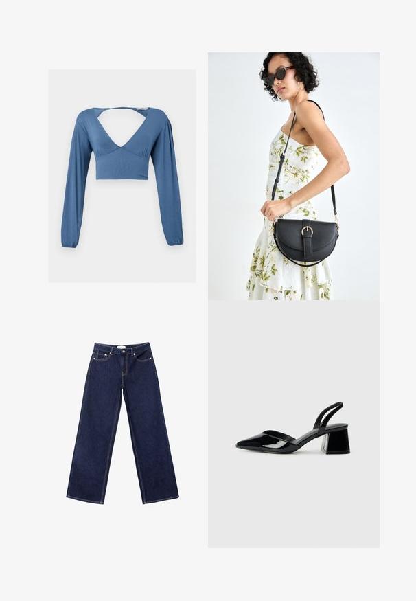 Sininen pitkähihainen crop-top, jossa on syvä V-mallinen kaula-aukko, poimutus yksityiskohtina rintamuksessa ja hieman puffimaiset hihat. Sujuva, joustava kangas.; Tummansiniset leveälahkeiset farkut, joissa on kontrastiväriset saumat, viisi taskua ja napitus.; Mustat patentoitu nahkakengät, joissa on säären takaosa ja terävä kärki, sekä geometrinen palikkakorko. Sisältää tyylikkään, minimalistisen muotoilun ja sileän pinnan.; Musta nahkainen käsilaukku, joka on kaareva muotoilultaan, irrotettavalla hihnalla ja kultaisilla yksityiskohdilla. Laukussa on läppä, jossa on solk yksityiskohta.