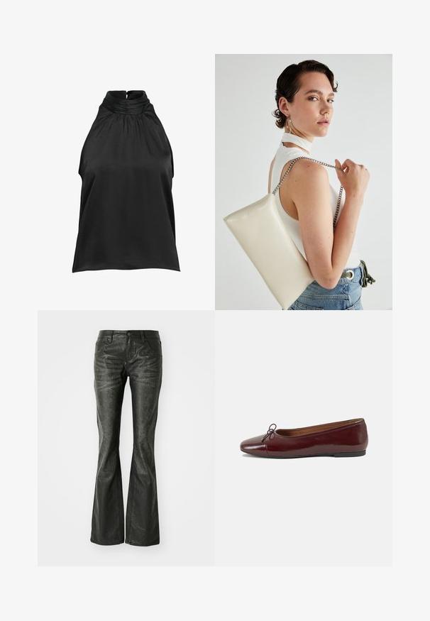 Juodas satino halterio tankas su surinktiniu kaklu ir klostėmis priekyje, pasižymintis lygiu paviršiumi ir raktų skylutės detalėmis nugaros pusėje.; Juodos dirbtinės odos flared džinsai su priekinėmis kišenėmis, metaliniu mygtuko uždarymu ir šiek tiek tekstūruota paviršių. Tiesūs džinsai su ilgu kirpimu.; Bordo lakiotos odos baleto bateliai su apvalia nosimi, maža kaspinėlio akcentu priekyje ir žema juoda guma padanga. Lygi tekstūra.; Balta, stačiakampio formos rankinė pagaminta iš blizgaus medžiagos, su sidabriniu virvute. Modelis pozavo, demonstruodamas rankinę prieš paprastą foną.