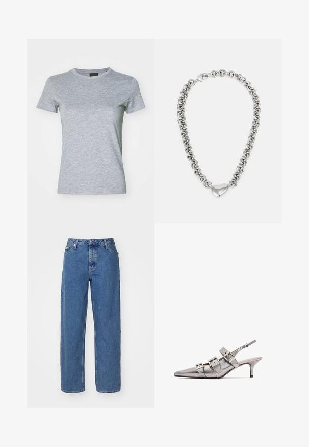 Siva kratkosleeve majica iz mehkega bombažnega materiala, z klasik krojem na vratu in rahlimi teksturami po celotni tkanini.; Svijetloplave traperice s visokim strukom, ravnih nogavica, pet džepova i malo izblijedjelom teksturom. Zatvaranje s zakovicom i gumbom.; Metalni srebrni slingback peti z nazobčenim nosom, ki ima tri široke trakove in kvadratne kovinske zaponke. Sijajna tekstura in vitka peta.; Srebrna verižica z medsebojnimi okroglimi očesi in poliranim srcastim poudarkom na sredini. Vključena je varna zaponka.