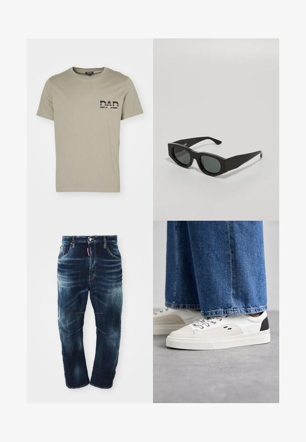 Olīvzaļš kokvilnas T-krekls ar apaļu kakla izgriezumu un īsām piedurknēm; priekšā ir uzraksts "TĒVS" melnbaltā krāsā ar svītrainām akcentiem uz krūšu daļas.; Tumši zilie džinsi ar izbalinātu mazgāšanu, piecu kabatu dizains, ar rāvējslēdzēju un kontrastējošu diegu. Satur nelielas nodiluma pazīmes uz ceļgaliem.; Balti un melni apavi ar gludu ādas virsu, teksturētiem akcentiem un masīvu baltu zoli. Iespējojot klasisku šņorējamu dizainu.; Melni taisnstūra saulesbrilles ar zaļiem tonētiem objektīviem, biezām apmalēm un plakaniem kājiņām, kas raksturojas ar gludu plastmasas tekstūru.