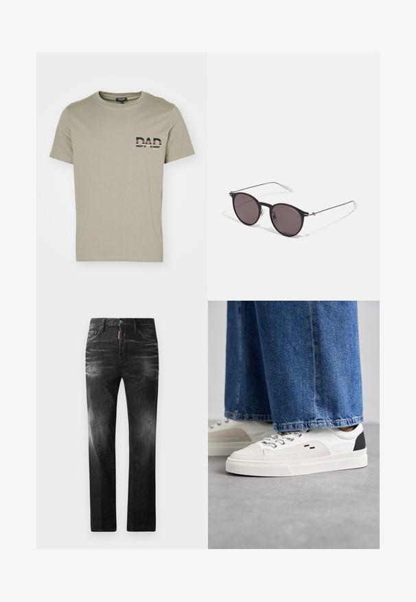 Olīvzaļš kokvilnas T-krekls ar apaļu kakla izgriezumu un īsām piedurknēm; priekšā ir uzraksts "TĒVS" melnbaltā krāsā ar svītrainām akcentiem uz krūšu daļas.; Melni džinsi no denima ar taisnu piegriezumu. Iespējas ietver izbalējušas vietas, nelielas nodiluma pazīmes, klasisko piecu kabatu dizainu un pogu aizdari.; Balti un melni apavi ar gludu ādas virsu, teksturētiem akcentiem un masīvu baltu zoli. Iespējojot klasisku šņorējamu dizainu.; Melni apaļi saulesbrilles ar tumšiem lēca un plānām metāla stangām. Iekļautas caurspīdīgas tempļu galviņas un sudraba akcenti pie eņģes. Minimalistisks dizains.