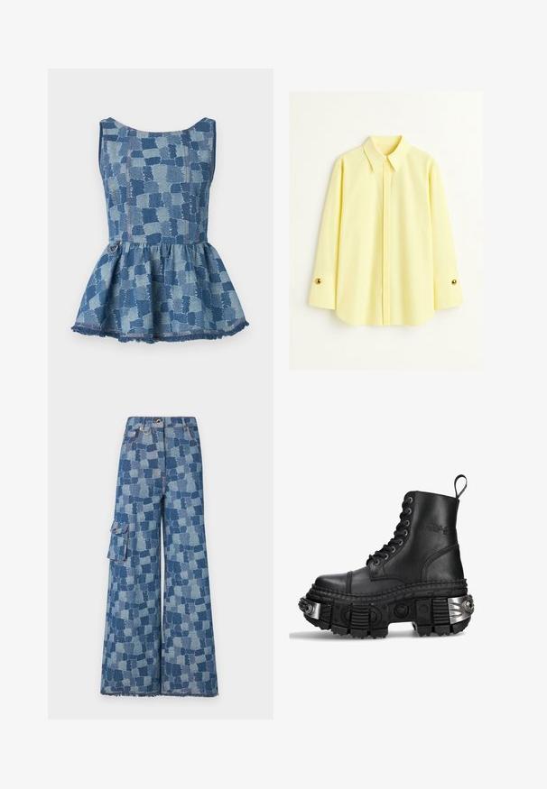 Jeans peplum-topp i ljus och mörkblå nyanser, med ett rutigt mönster och fransad fåll. Har en rund halsringning och en accentringdetalj.; Gul långärmad skjorta tillverkad av ett lätt tyg. Har en klassisk krage och guldknappar på ärmsluten. Slät textur.; Brett snygga jeans i blå denim med ett stort lapptäcksmönster, fransade nederkanter och sidoficka med knappdetalj.; Svart läderkampskor med hög topp, rund tå, tjock strukturerad sula, silverdetaljer och ett distinkt mönster på sulan.