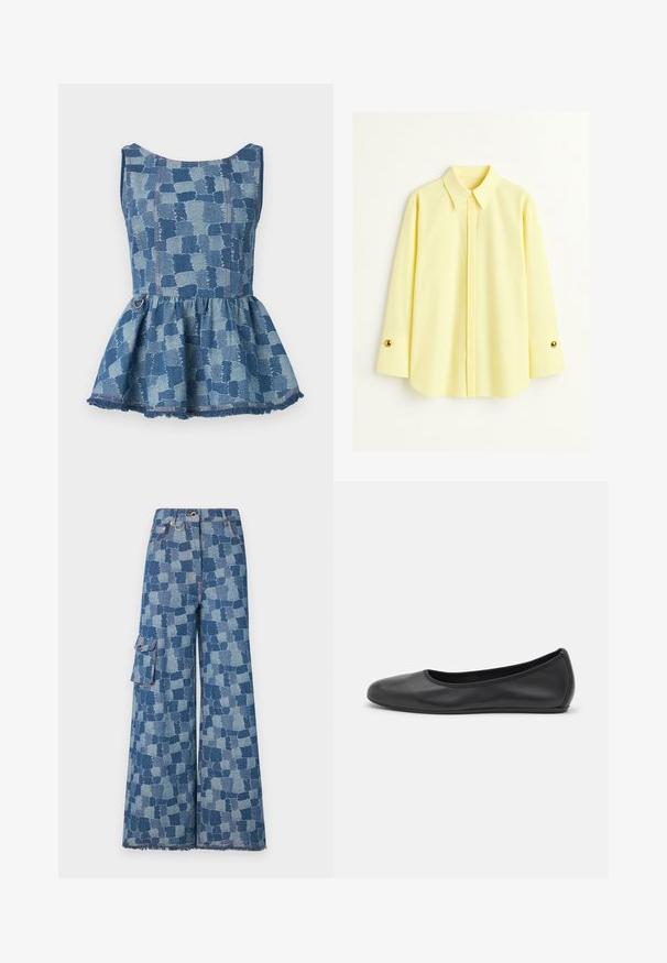 Denim peplum majica u svijetloplavim i tamnoplavim nijansama, s kariranim uzorkom i raspucanim rubom. Ima okrugli izrez i detalj u obliku prstena.; Žuta majica dugih rukava napravljena od lagane tkanine. Ima klasičnu kragnu i zlatne dugmadi na manžetama. Glatka tekstura.; Široke traperice u plavom denimu s velikim patchwork uzorkom, strganim rubom i bočnom džepom s detaljem dugmeta.; Crne kožne baletanke s zaobljenim vrhom, glatke teksture, minimalnim detaljima šavova i fleksibilnim dizajnom potplata.