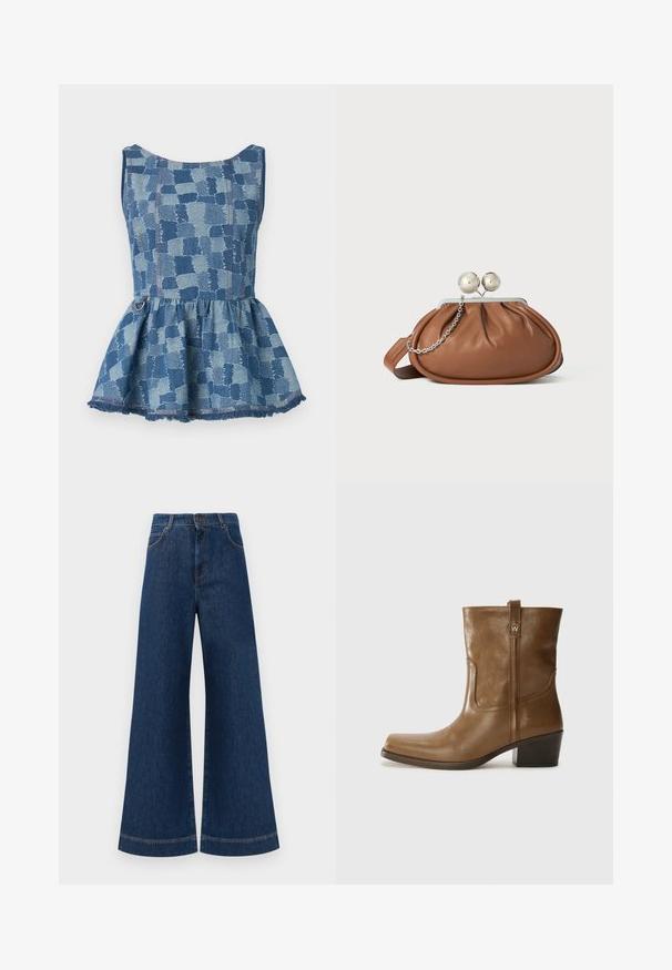 Džinsinis peplum viršus šviesiai ir tamsiai mėlynos spalvos atspalviuose, su languotu raštu ir nutrintu kraštu. Yra apvalūs iškirptės ir akcentinis žiedas.; Plati mėlynos džinsinės kelnės su aukštu liemeniu, turinčios mygtukų užsegimą, diržo kilpas ir subtilius siuvinėjimo akcentus ant kišenių bei apdailos.; Rudų odinių batų iki kulkšnies su kvadratiniu pirštu, tekstūruotu paviršiumi ir žemu sluoksniuota pakulne. Yra užpakalinis kilpas ir subtilūs siuvinėjimo detalės.; Ruda odinė rankinė su sidabriniu rutuliniu užsegimu ir maža sidabrine grandinėle ant balto fono.