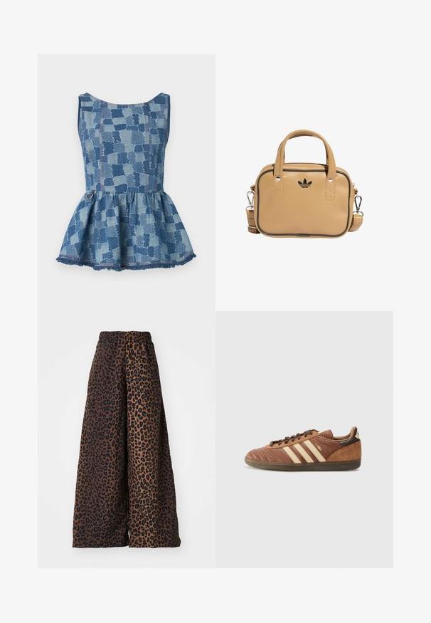 Denim peplum topp i lyse og mørke blå nyanser, med rute mønster og frynsete kant. Har rund halslinning og en detalj med en accentring.; Videbukser laget av glatt stoff, med en brun bakgrunn og svart leopardmønster, samt en elastisk midje.; adidas Originals SAMBA UNISEX - Joggesko - preloved brown/sand strata/dark brown; Tan vegan lærveske med to håndtak, avtagbar skulderrem, svart kontrastsøm, og en liten svart logo på fronten.