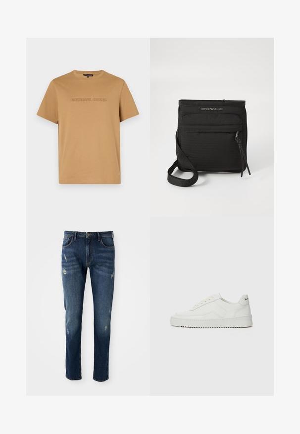 Béžové bavlnené tričko s okrúhlym výstrihom a krátkymi rukávmi, s jemne embosovaným nápisom "MICHAEL KORS" na prednej strane.; Tmavomodré denimové jeansy s úzkym strihom, s jemným opotrebovaním na stehnách a kolenách, klasický dizajn s piatimi vreckami a zapínaním na gombík.; Biele kožené tenisky s hladkým povrchom, okrúly špičkový dizajn, ploché šnúrky a textúrovaná podrážka. Obsahujú jemné logo na päte.; Čierna crossbody taška Emporio Armani s predným zipsovým vreckom, nastaviteľným popruhom a logom na textúrovanej tkanine.