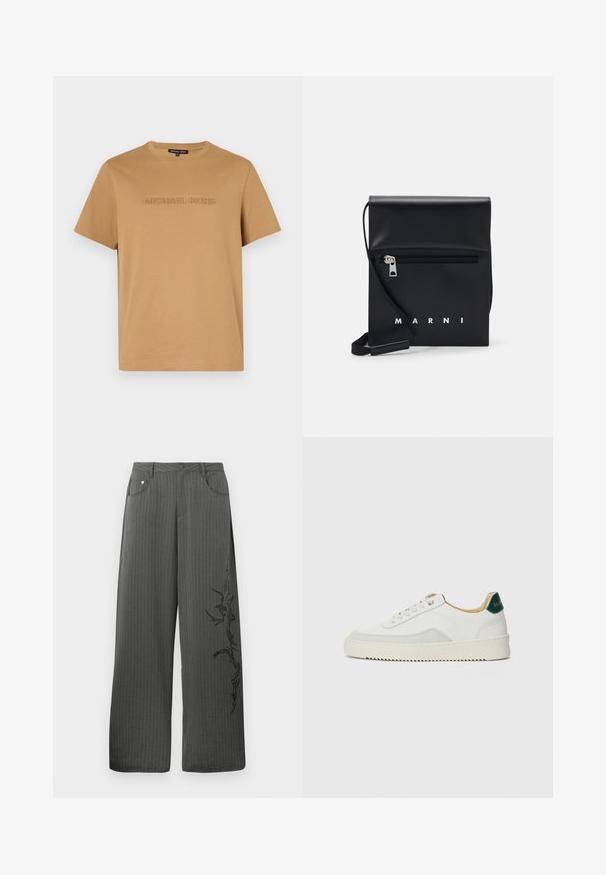 Béžové bavlnené tričko s okrúhlym výstrihom a krátkymi rukávmi, s jemne embosovaným nápisom "MICHAEL KORS" na prednej strane.; Široké nohavice s prúžkami v tmavosivej farbe, s prednými vreckami a čiernou dekoratívnou potlačou na ľavej strane.; Biele tenisky s semišovými akcentmi, zaoblenou špičkou, plochými šnúrkami a krémovou gumovou podrážkou. Na päte sú zelené značky.; Čierna kožená kabelka cez plece s predným vreckom na zips, embosovaným logom a nastaviteľným popruhom. Hladká textúra so štruktúrovaným tvarom.