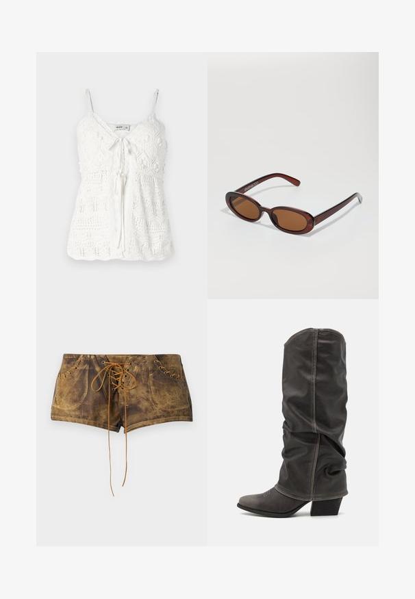 Biely háčkovaný top s nastaviteľnými tenkými ramienkami, volánovým výstrihom a viazaním vpredu. Obsahuje zložitú vzorovú štruktúru a textúrované bobuľové akcenty.; Hnedé kraťasy na šnurovanie s textúrovaným povrchom a kontrastnými béžovými šnúrkami. Obsahujú očká a priliehajúci strih pre tesný vzhľad.; Sivé kožené čižmy po lýtka s voľným dizajnom, špicatou špičkou a poskladaným podpätkom. Výrazné šitie v oblasti špičky.; Okrúhle slnečné okuliare s hnedým nádychom a lesklým burgundským rámom. Úzke ramená s jemným brandovaním. Plochej šošovky dizajn.; Kabelka s hadím vzorom a zakriveným rukoväťou. Vyrobená z textúrovaných béžových a hnedých materiálov, s charakteristickým diamantovým vzorom.