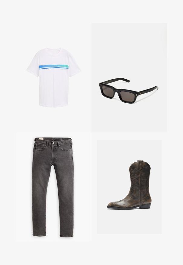 Witte T-shirt met korte mouwen met een blauwe en turquoise horizontale streep over de borst, met een klein logo aan de onderkant links.; Grijze denim jeans met een rechte snit, een vijf-pocket ontwerp en een knoopsluiting. Voorzien van subtiele vervaging en tonale stiksels overal.; Bruine leren cowboylaars met een hoge schacht, spitse neus, ingewikkelde stikpatronen en een kleine hak. Gevarieerde afwerking overal.; Zwarte rechthoekige zonnebril met donkere lenzen, een dik plastic montuur, gouden accenten op de veren en het merkembleem gegraveerd op de arm.