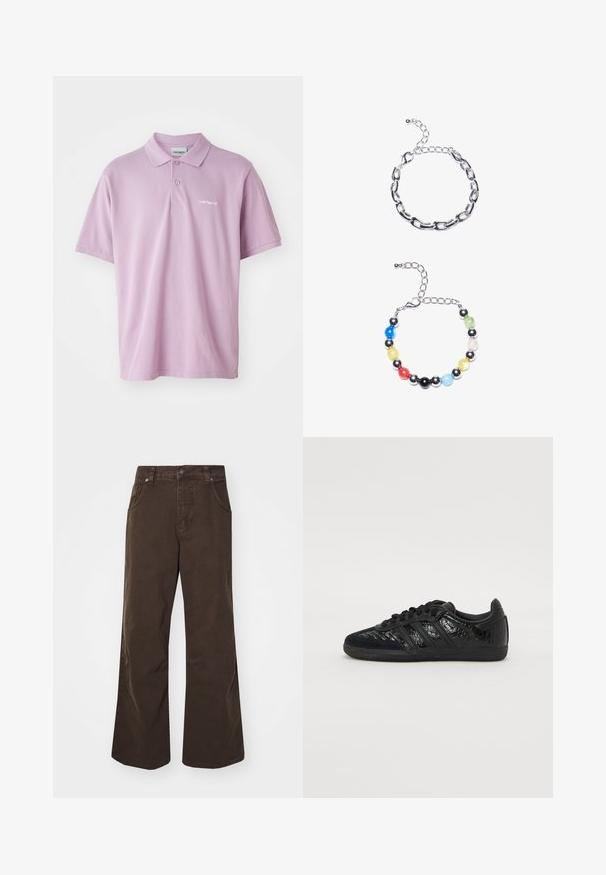 Šviesiai violetinė polo marškinėliai su trimis mygtukais, trumpomis rankovėmis ir mažu baltu siuvinėtu logotipu ant krūtinės. Pagaminta iš medvilnės.; Rudos platūs kelnių modeliai, pagaminti iš medvilnės, su aukštu juosmeniu, priekinėmis kišenėmis ir lygiu paviršiumi. Uždarymo detalės apima subtilų siūlų dekoravimą.; Juodas sportinis batelis, pagamintas iš lygaus sintetinės medžiagos ir tekstūruotų medžiagų, su trimis juodomis juostelėmis ir guminėmis padais.; Sidabro grandinėlė su išilgiais žiedais viršuje. Apačioje – spalvinga karoliukų apyrankė su juodais, mėlynais, žaliais, geltonais, raudonais ir skaidriais karoliukais.