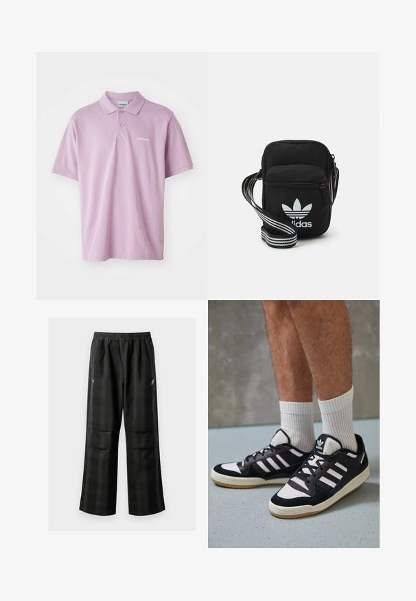 Gaiši purpura polo krekls ar trīs pogām, īsām piedurknēm un mazu baltu izšūtu logotipu uz krūškurvja. Audums – kokvilna.; Melnas kvadrātveida bikses ar elastīgu jostu, divām priekšējām kabatām un brīvu piegriezumu ar taisnām kājām. Izgatavotas no viegla materiāla.; Melnas un baltas kedas ar zamša un ādas augšdaļu, kas aprīkotas ar trim baltām svītrām, perforētu purngali un gumijas zolēm.; Melna auduma crossbody soma ar rāvējslēdzēja aizdari, kurai ir balts Adidas logo un svītrainas regulējamas siksnas ērtiem pārvietošanās veidiem.