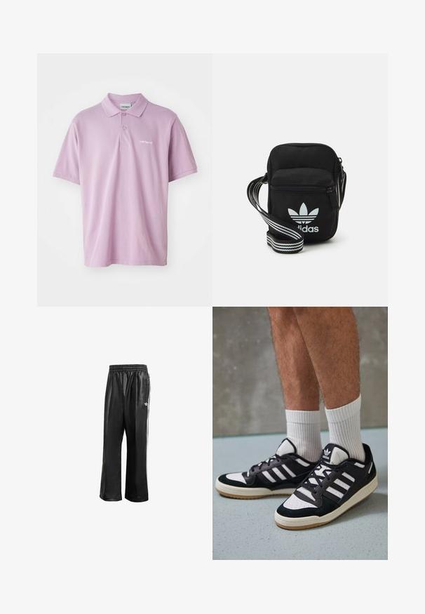 Šviesiai violetinė polo marškinėliai su trimis mygtukais, trumpomis rankovėmis ir mažu baltu siuvinėtu logotipu ant krūtinės. Pagaminta iš medvilnės.; Juodos sintetinių medžiagų treniruočių kelnės su elastingu juosmeniu, su baltomis šoninėmis juostelėmis ir mažuoju baltu logotipu kairėje klubo pusėje.; Juodos ir baltos sportinės bateliai su zomšiniu ir odiniu viršumi, su trimis baltomis juostelėmis, perforuota koja ir guminėmis padais.; Juodas audinio per petį nešiojamas krepšys su užtrauktuku, turintis baltą Adidas logotipą ir dryžuotą reguliuojamą diržą patogiam nešiojimui.
