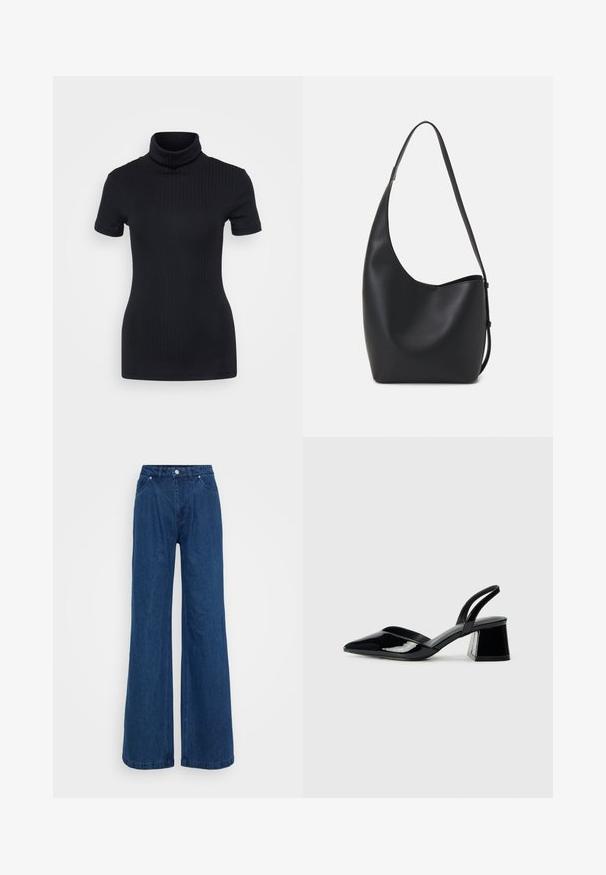 Top preto de gola alta, de manga curta, com um design ajustado, textura suave, costuras mínimas e uma gola alta.; Jeans de ganga azuis de perna larga com uma cintura alta, fecho frontal por botão e zip e bolsos dianteiros e traseiros sobre um fundo plain.; Sandy em verniz preto com salto slingback, ponta afilada e salto geométrico. Apresenta um design elegante e minimalista com textura suave.; Saco hobo preto em pele com uma textura lisa, forma curva e uma única alça ajustável; apresenta uma abertura larga na parte de cima.
