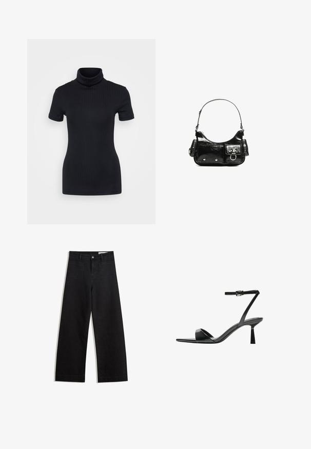 Črna rebrasta majica s turtleneck ovratnikom, kratkimi rokavi, prilegnjenim dizajnom, mehkimi vlakni, minimalnimi šivi in visokim ovratnikom.; Črne široke denim hlače z visokim pasom, ki imajo sprednje in zadnje žepe, šivane šive ter gumbasto zapiranje. Gladka tekstura.; Bershka Sandali z visoko peto - black; Črna lakasta usnjena torbica s ukrivljeno obliko, enim ramenskim trakom, sprednjimi žepi in srebrnimi kovinskimi dodatki.